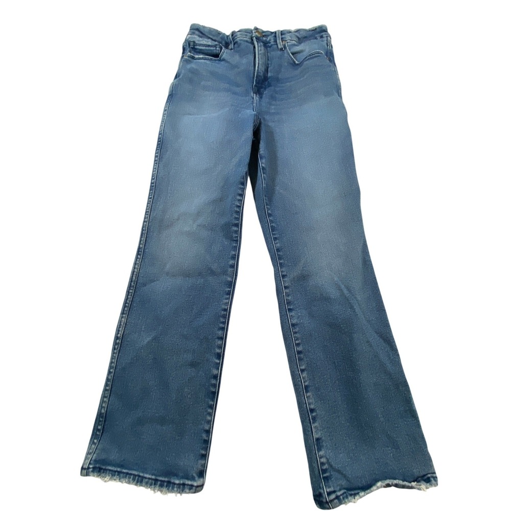Good American High Rise Straight Leg Jeans Medium Wash Raw Hem 8/29 Blue